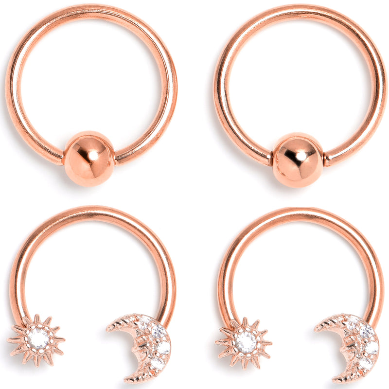 16G 3/8 Clear Gem Rose Gold Tone Moon Sun Captive Horseshoe Set of 4