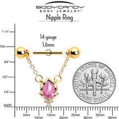 14G 9/16 Pink CZ Gem Gold Tone Style Fire Dangle Nipple Ring Set