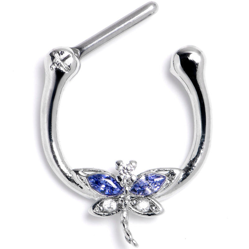 16G  5/16 Blue Clear CZ Gem Dragonfly Style Cartilage Clicker