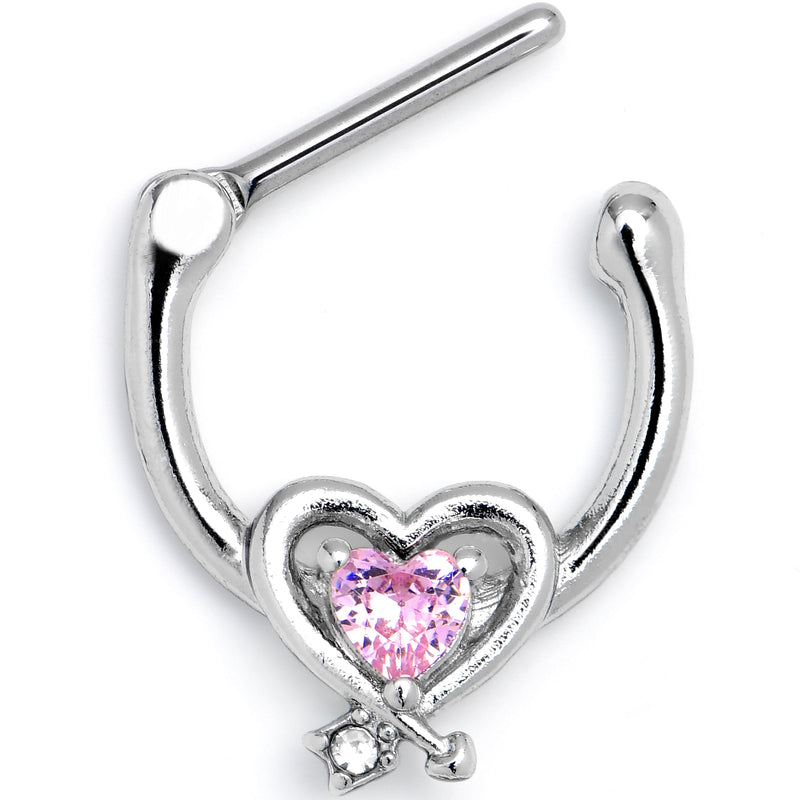 16G 5/16 Pink CZ Gem Wrapped in Heart Cartilage Clicker