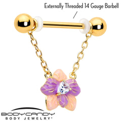 14G 9/16 Clear Gem Gold Tone Pastel Flower Dangle Nipple Ring Set