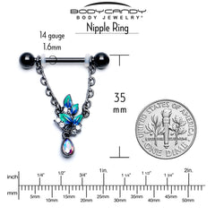 14G 9/16 Aurora CZ Gem Black Lush Leaves Dangle Nipple Ring Set