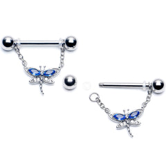 14G 9/16 Blue CZ Gem Dragonfly Dream Dangle Nipple Ring Set