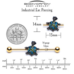 14G Blue Gem Gold Tone Sweet Sea Turtle Industrial Barbell 38mm