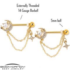 14G 9/16 Clear Gem Gold Tone Moon Lover Dangle Nipple Ring Set