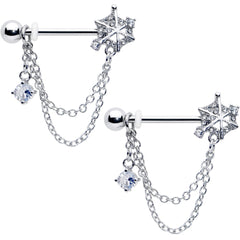 14G 9/16 Clear CZ Gem Spiderweb Chain Dangle Nipple Ring Set