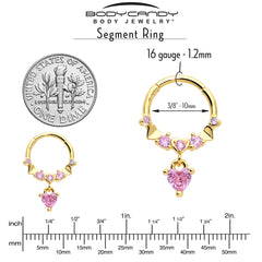 16G 3/8 Pink CZ Gem Gold Tone Love Heart Dangle Hinged Segment Ring