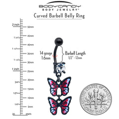 Clear CZ Gem Black Butterfly Duo Red Dangle Belly Ring