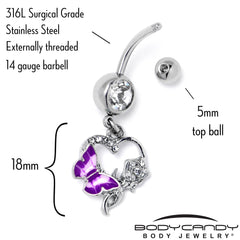 Clear Gem Butterfly Rose Flower Purple Dangle Belly Ring