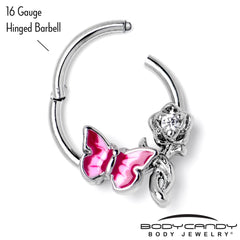 16G 3/8 Clear CZ Gem Butterfly Rose Flower Pink Hinged Segment Ring