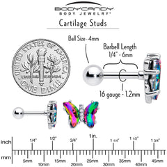 16G 1/4 Rainbow CZ Gem Simply Colorful Butterfly Cartilage Earring