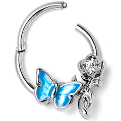 16G 3/8 Clear CZ Gem Butterfly Rose Blue Hinged Segment Ring