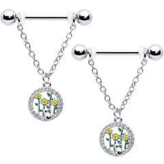 14G 9/16 Clear Gem Cat Yellow Flowers Chain Dangle Nipple Ring Set