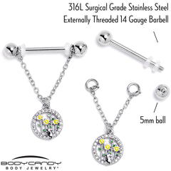 14G 9/16 Clear Gem Cat Yellow Flowers Chain Dangle Nipple Ring Set