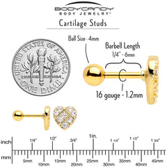 16G 1/4 Clear Gem Gold Tone Lattice Heart Cartilage Tragus Earring