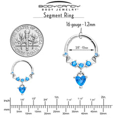 16G 3/8 Aqua CZ Gem Love Heart Dangle Hinged Segment Ring