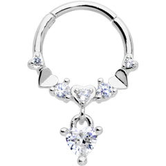 16G 3/8 Clear CZ Gem Love Heart Dangle Hinged Segment Ring