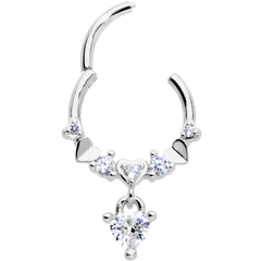16G 3/8 Clear CZ Gem Love Heart Dangle Hinged Segment Ring
