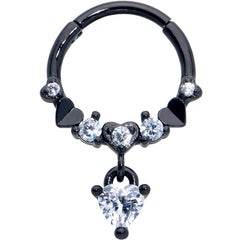 16G 3/8 Clear CZ Gem Black Love Heart Dangle Hinged Segment Ring