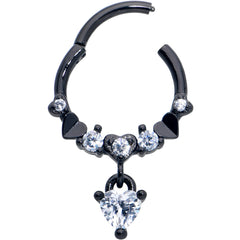 16G 3/8 Clear CZ Gem Black Love Heart Dangle Hinged Segment Ring