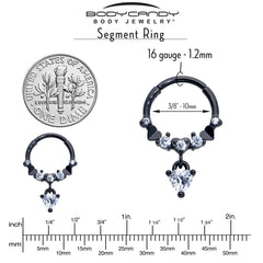 16G 3/8 Clear CZ Gem Black Love Heart Dangle Hinged Segment Ring