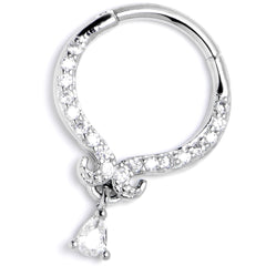 16G 3/8 Clear CZ Gem Elegant Curves Dangle Hinged Segment Ring