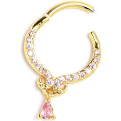 16G 3/8 Pink CZ Gem Gold Tone Elegant Curves Hinged Segment Ring