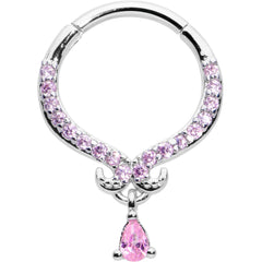 16G 3/8 Pink CZ Gem Elegant Curves Dangle Hinged Segment Ring