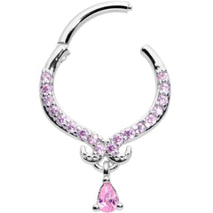 16G 3/8 Pink CZ Gem Elegant Curves Dangle Hinged Segment Ring