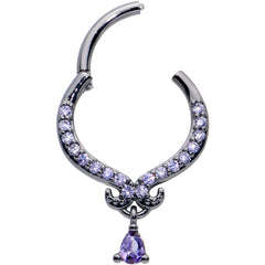 16G 3/8 Purple CZ Gem Black Elegant Curves Dangle Hinged Segment Ring