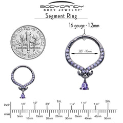 16G 3/8 Purple CZ Gem Black Elegant Curves Dangle Hinged Segment Ring