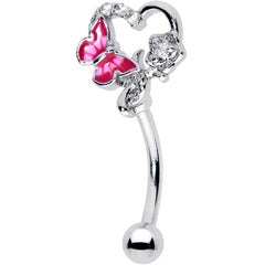 16G 5/16 Clear Gem Butterfly Rose Flower Pink Curved Eyebrow Ring