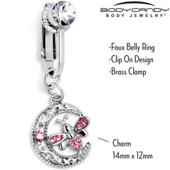 Pink Gem Lunar Dragonfly Fake Clip On Belly Ring