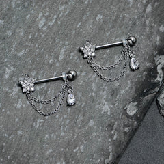 14G 9/16 Clear CZ Gem Snowflake Flower Chain Dangle Nipple Ring Set