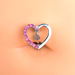 Pink CZ Gem Asymmetrical Heart Flower Dangle Top Mount Belly Ring