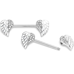 14G 9/16 White Heavenly Heart Angel Wings Barbell Nipple Ring Set