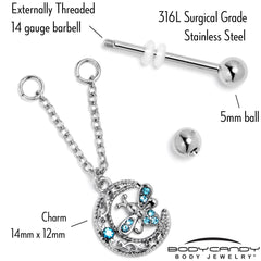 14G 9/16 Blue Gem Lunar Dragonfly Chain Dangle Nipple Ring Set