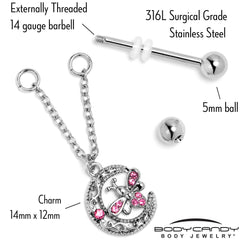 14G 9/16 Pink Gem Lunar Dragonfly Chain Dangle Nipple Ring Set