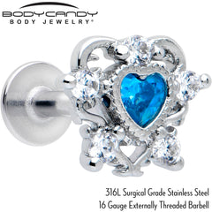 16G Blue Clear CZ Gem Heart Pair Flat Back Earring