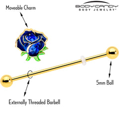 14G Blue Gem Gold Tone Deep Blue Flower Industrial Barbell 38mm