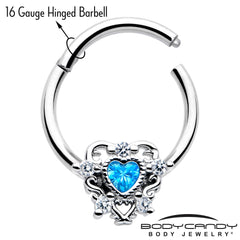 16G 3/8 Blue Clear CZ Gem Heart Pair Hinged Segment Ring