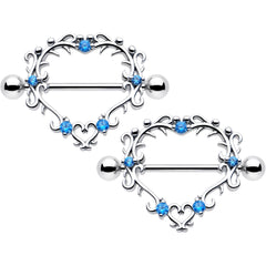 14G 9/16 Blue CZ Gem Leafy Heart Nipple Shield Set