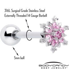 Pink CZ Gem Snowflake Glam Barbell Tongue Ring