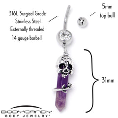 Purple Amethyst Skull Obelisk Rose Dangle Belly Ring