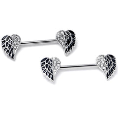 14G 9/16 Clear Gem Heavenly Heart Angel Wing Black Nipple Ring Set