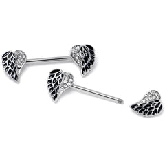 14G 9/16 Clear Gem Heavenly Heart Angel Wing Black Nipple Ring Set