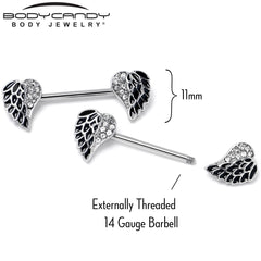 14G 9/16 Clear Gem Heavenly Heart Angel Wing Black Nipple Ring Set