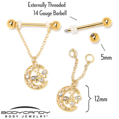14G 3/4 Clear Gem Gold Tone Lunar Dragonfly Dangle Nipple Ring Set