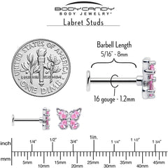 16G 5/16 Pink Gem Baroque Butterfly Internally Threaded Labret
