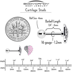 16G 1/4 Clear Gem Heavenly Heart Angel Wing Pink Cartilage Earring